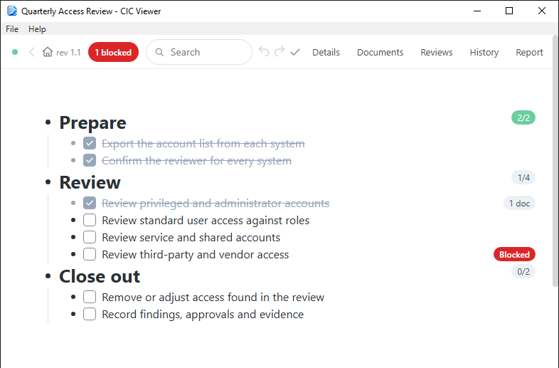 A CIC plan checklist open in CIC Viewer