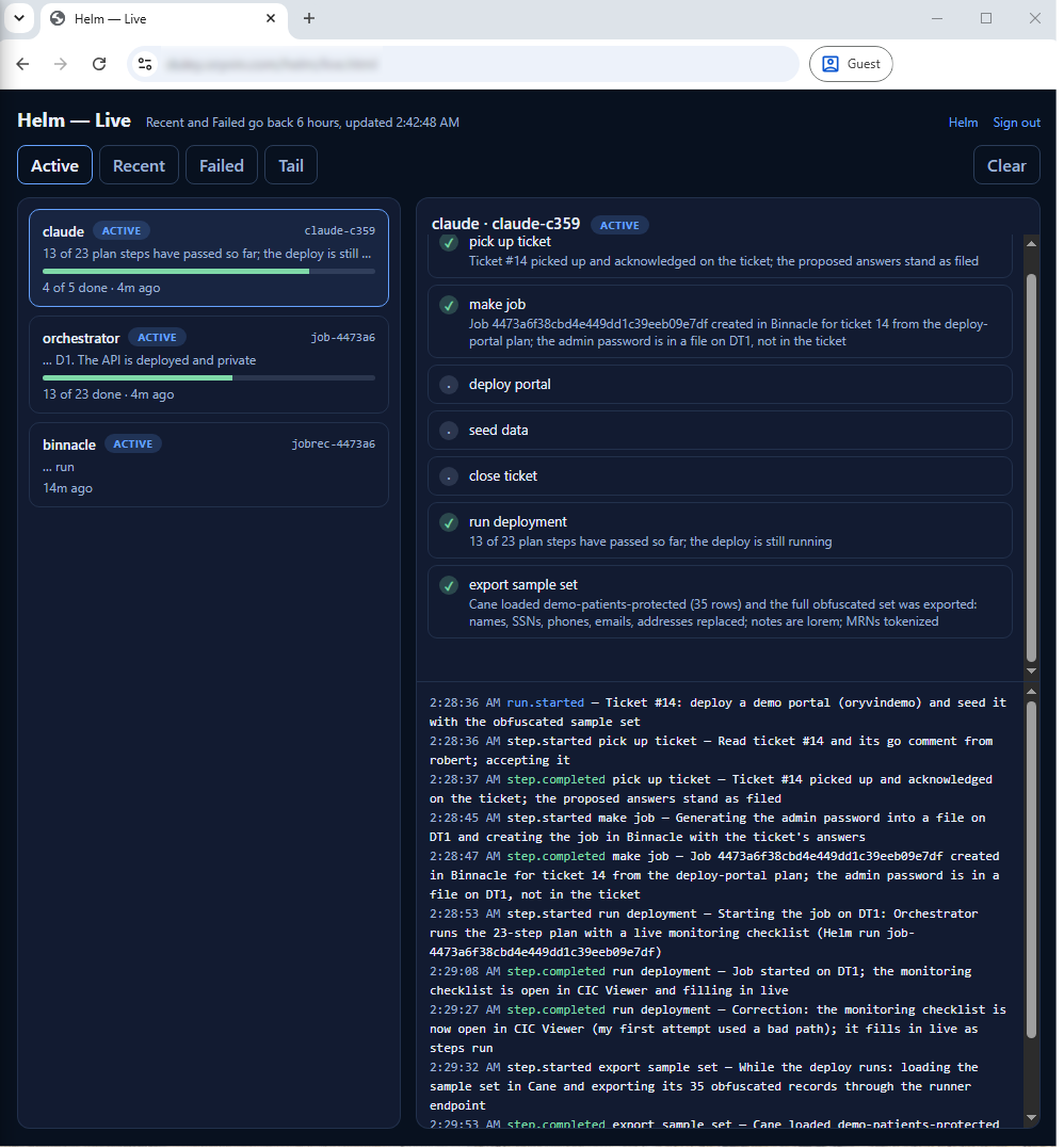 Helm's live page showing the assistant, Orchestrator and the job record reporting step by step