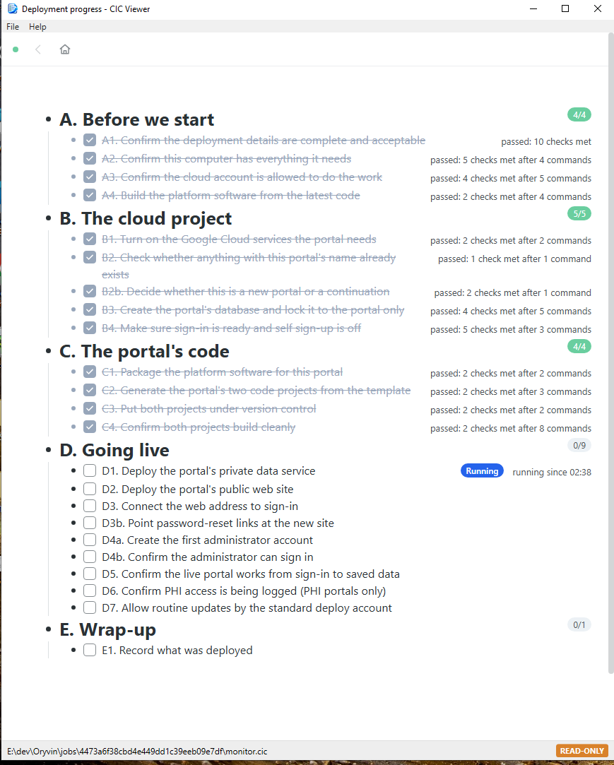 The deployment progress checklist in CIC Viewer, with finished steps ticked and the current step running