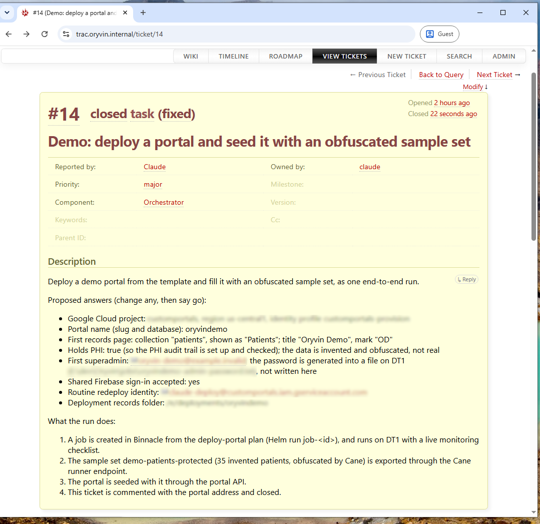 The ticket for the demo portal: proposed answers and what the run will do
